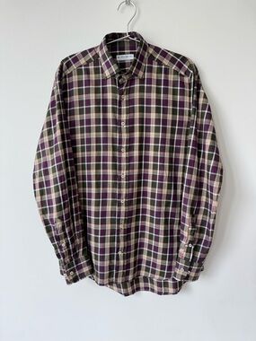 ETRO Men’s Casual Check Pattern Dress Shirt in Olive, Purple & Cream - Size 39